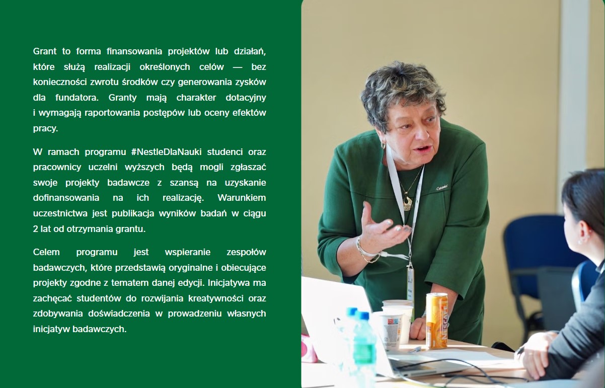 Grafika przedstawia spotkanie projektowe. Mentor rozmawia z zepołem. Grafice towarzyszy opis programu grantowego pobrany ze strony https://www.nestledlanauki.pl/granty