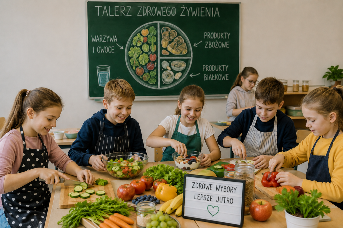 Dzieci w wieku szkolnym pracują przy stole zastawionym warzywami i owocami podczas zajęć z zasad zdrowego odżywiania się.