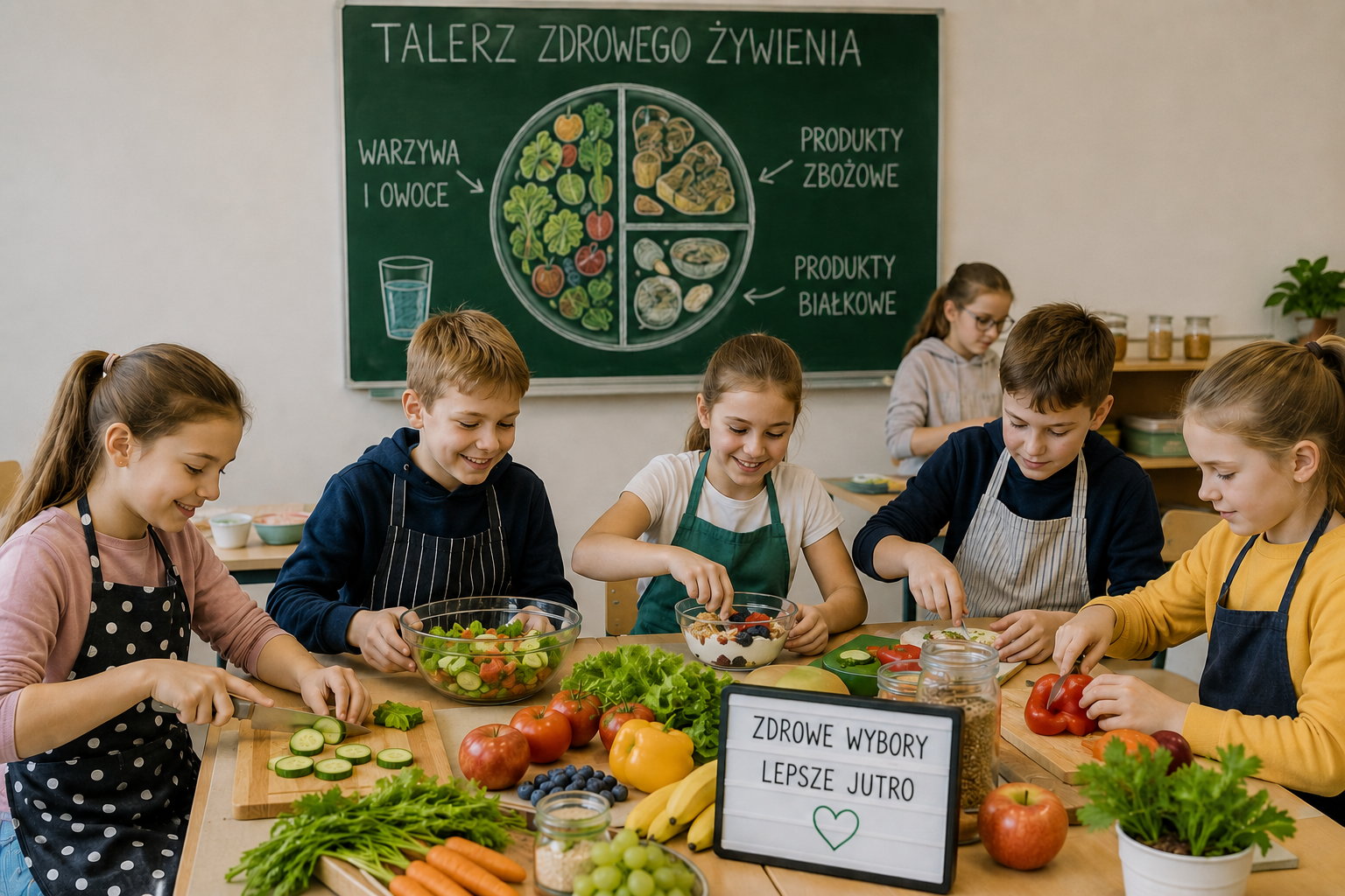Dzieci w wieku szkolnym pracują przy stole zastawionym warzywami i owocami podczas zajęć z zasad zdrowego odżywiania się.