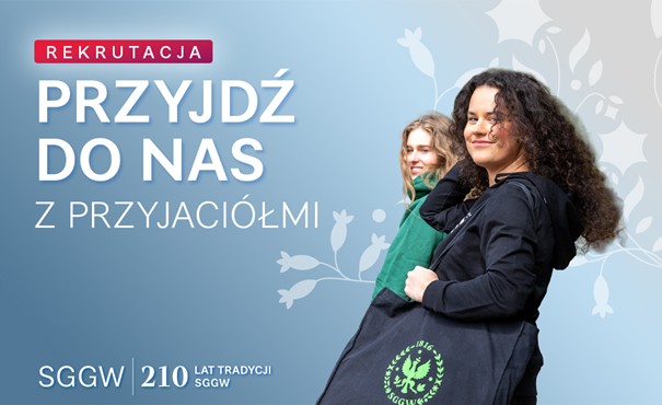 Grafika zachęcająca do rekrutacji na studia, przedstawia dwie uśmiechnięte studentki SGGW